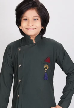 Solid Color Cotton Asymmetric Kurta Set in Dark Green