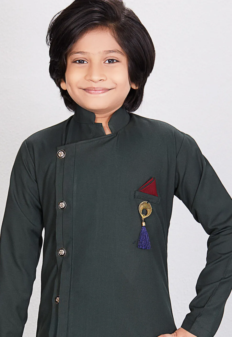 Solid Color Cotton Asymmetric Kurta Set in Dark Green