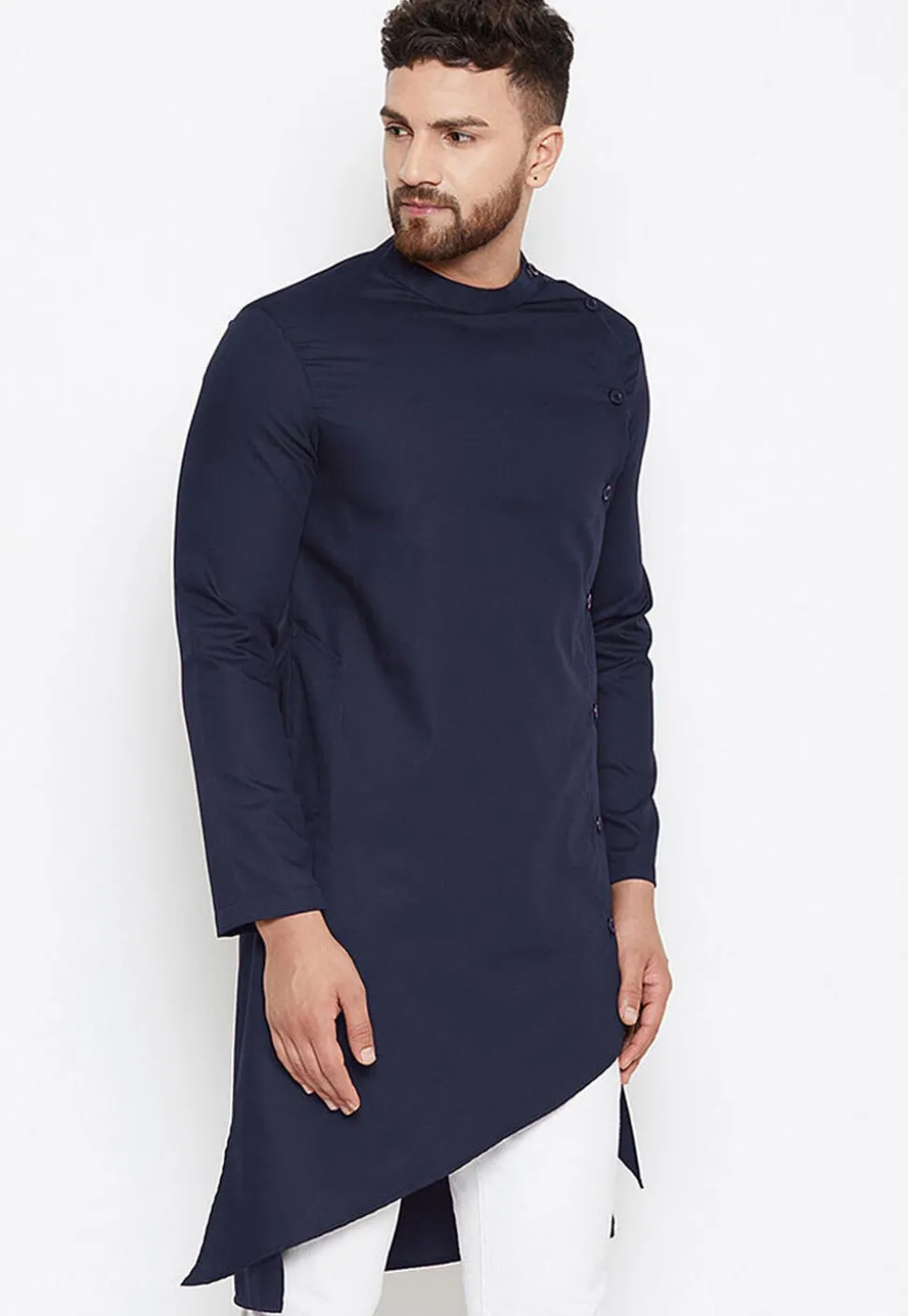 Solid Color Cotton Asymmetric Kurta in Navy Blue