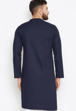Solid Color Cotton Asymmetric Kurta in Navy Blue