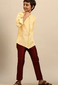 Solid Color Cotton Asymmetric Short Kurta Set in Light Yellow