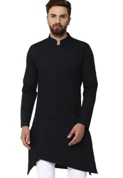 Solid Color Cotton Asymmetric Kurta in Black