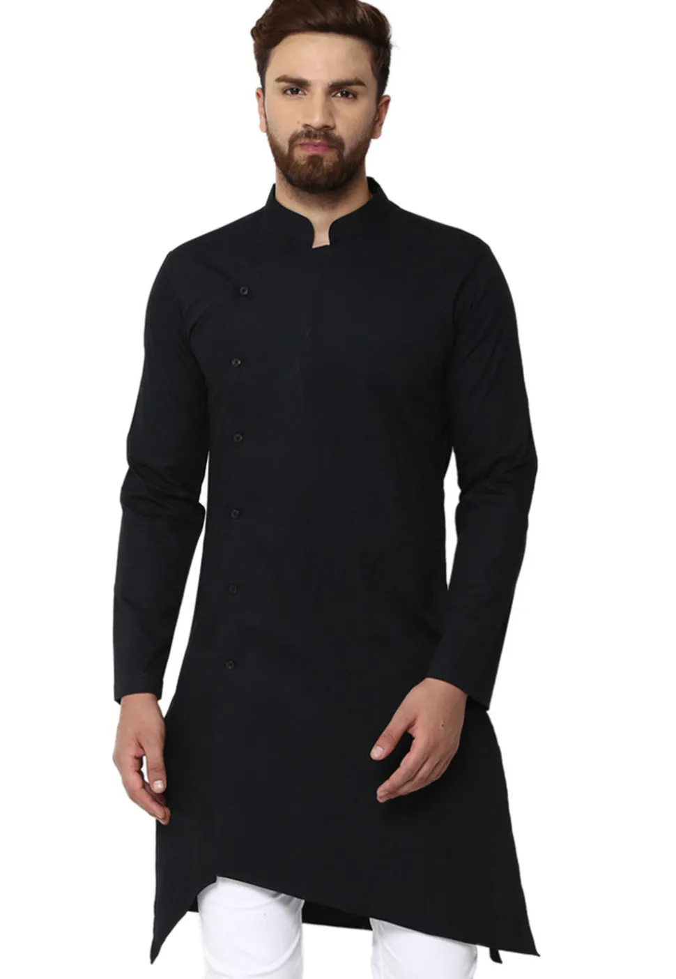 Solid Color Cotton Asymmetric Kurta in Black