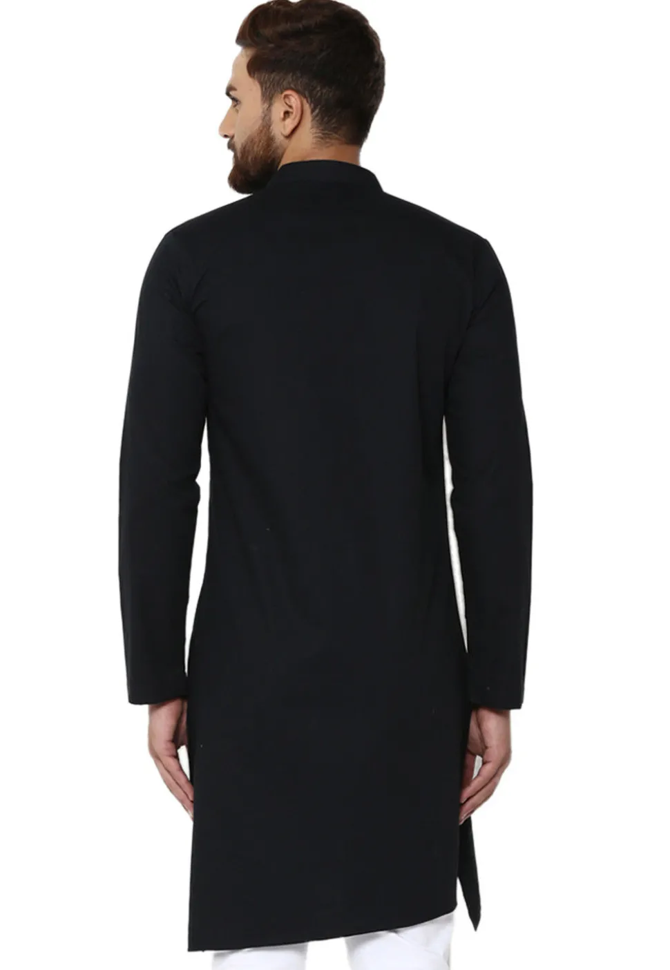 Solid Color Cotton Asymmetric Kurta in Black