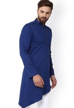 Solid Color Cotton Asymmetric Kurta in Royal Blue