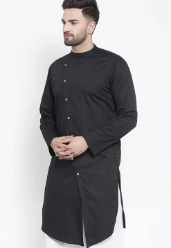 Solid Color Cotton Asymmetric Kurta in Black