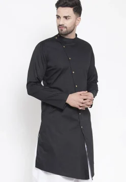 Solid Color Cotton Asymmetric Kurta in Black