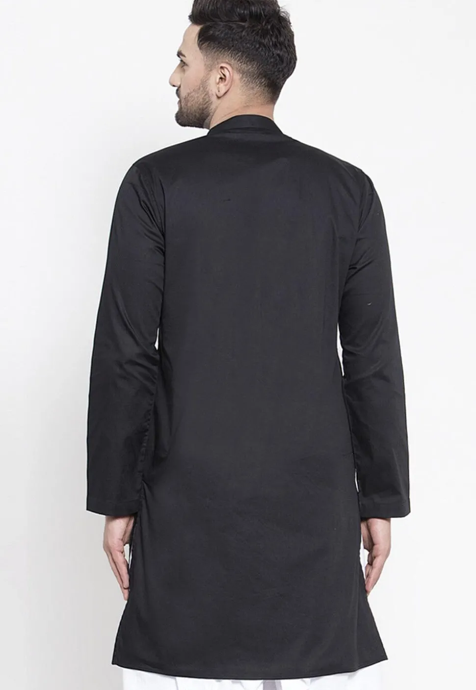 Solid Color Cotton Asymmetric Kurta in Black