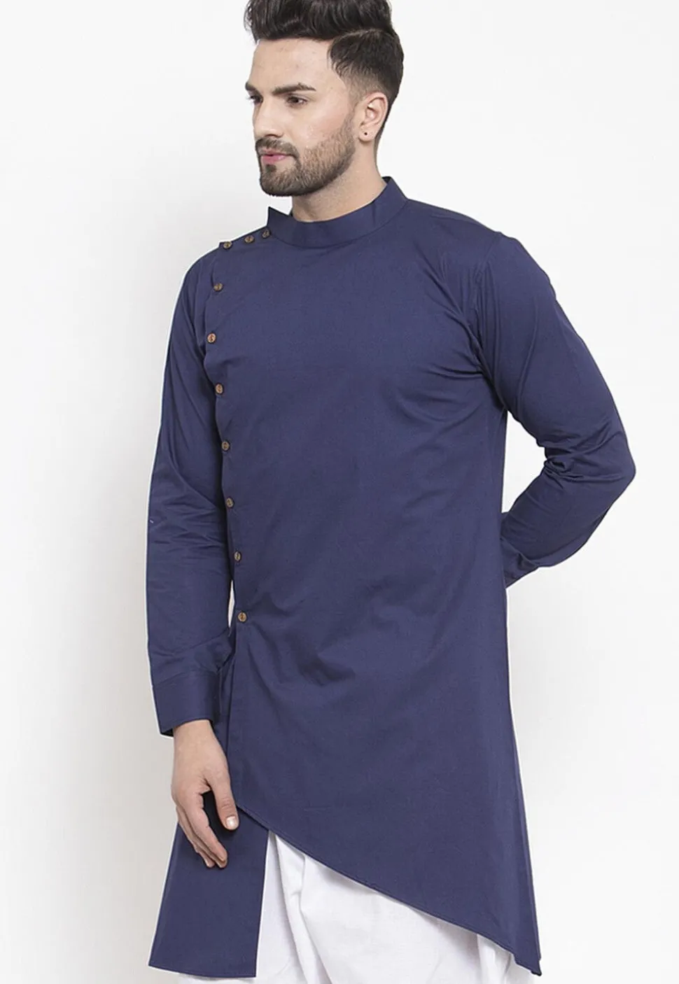 Solid Color Cotton Asymmetric Kurta in Navy Blue