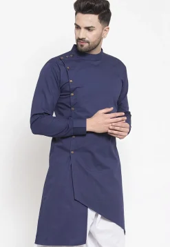 Solid Color Cotton Asymmetric Kurta in Navy Blue