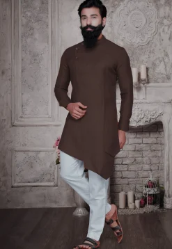 Solid Color Cotton Asymmetric Kurta in Brown