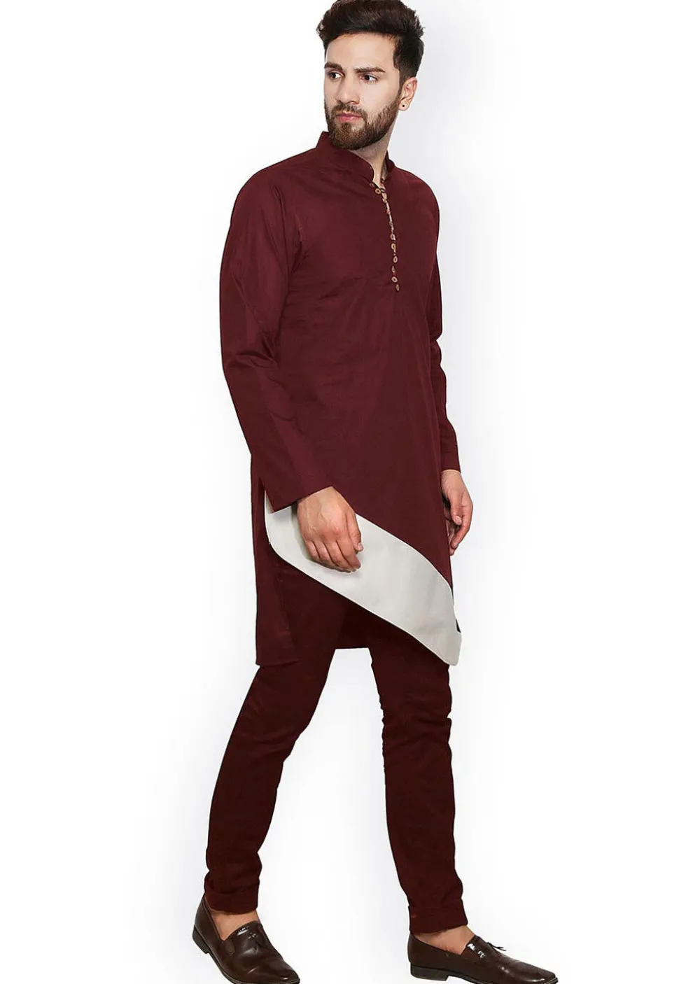 Solid Color Cotton Asymmetric Kurta in Maroon