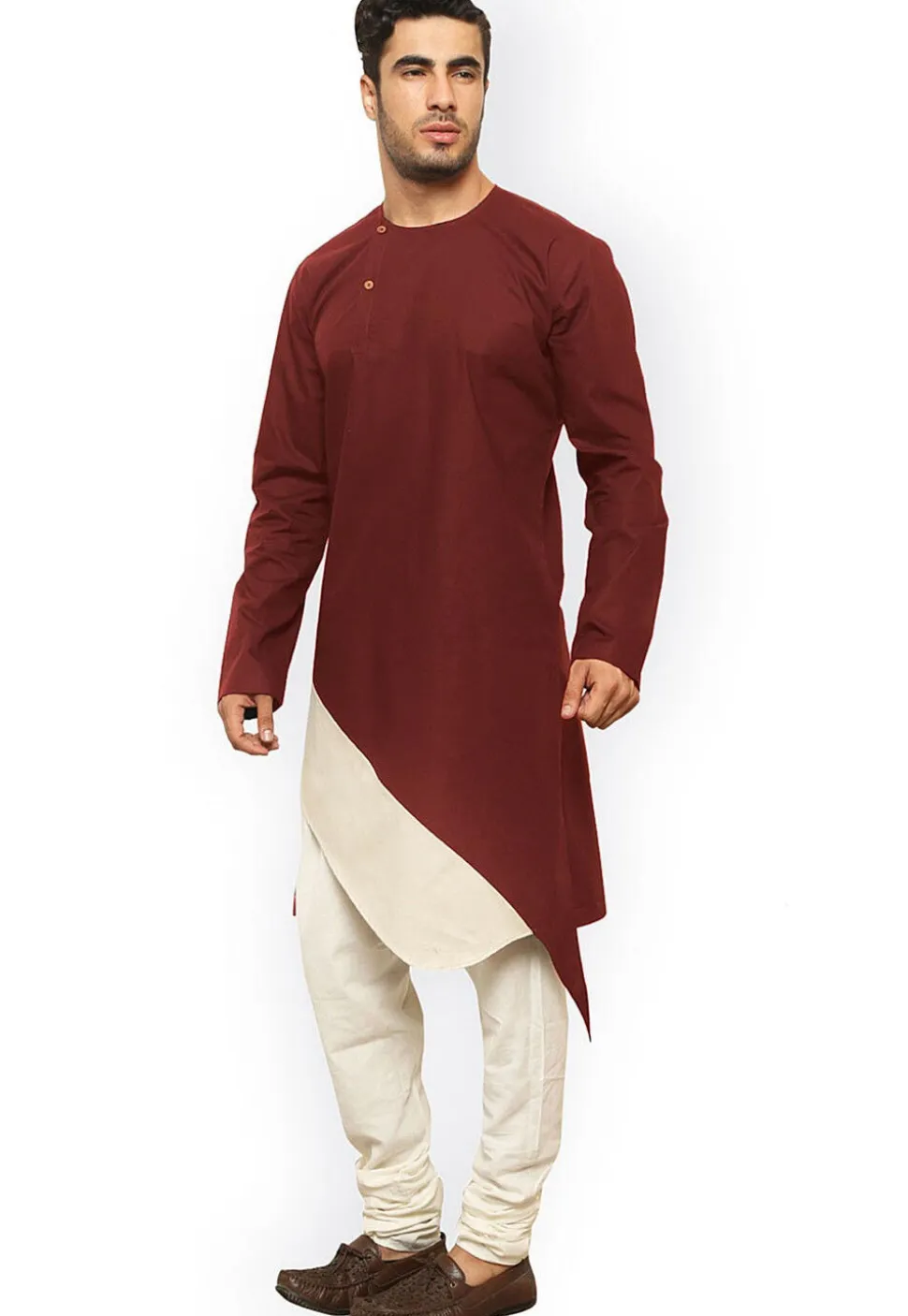 Solid Color Cotton Asymmetric Kurta in Maroon