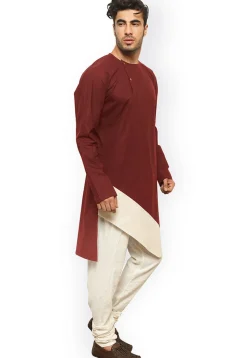 Solid Color Cotton Asymmetric Kurta in Maroon