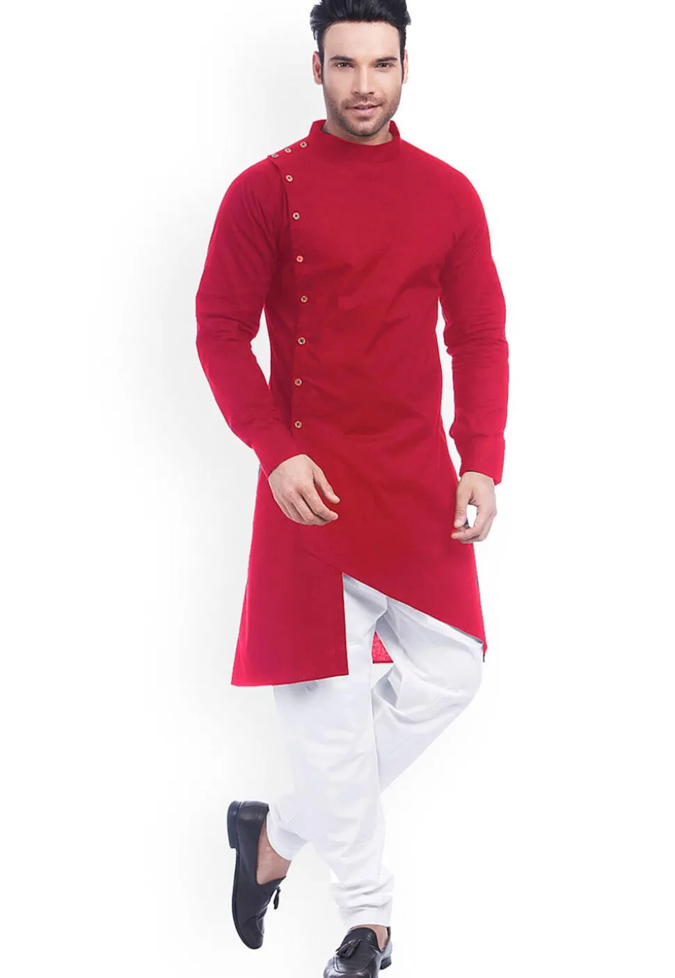 Solid Color Cotton Asymmetric Kurta in Red