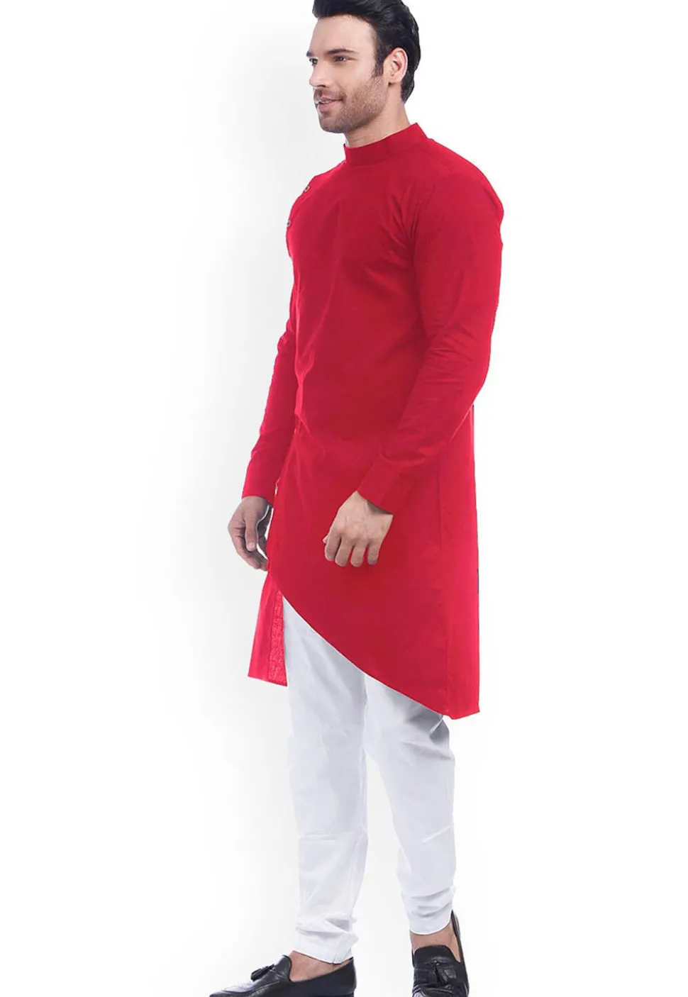 Solid Color Cotton Asymmetric Kurta in Red