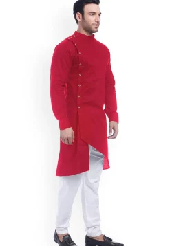 Solid Color Cotton Asymmetric Kurta in Red