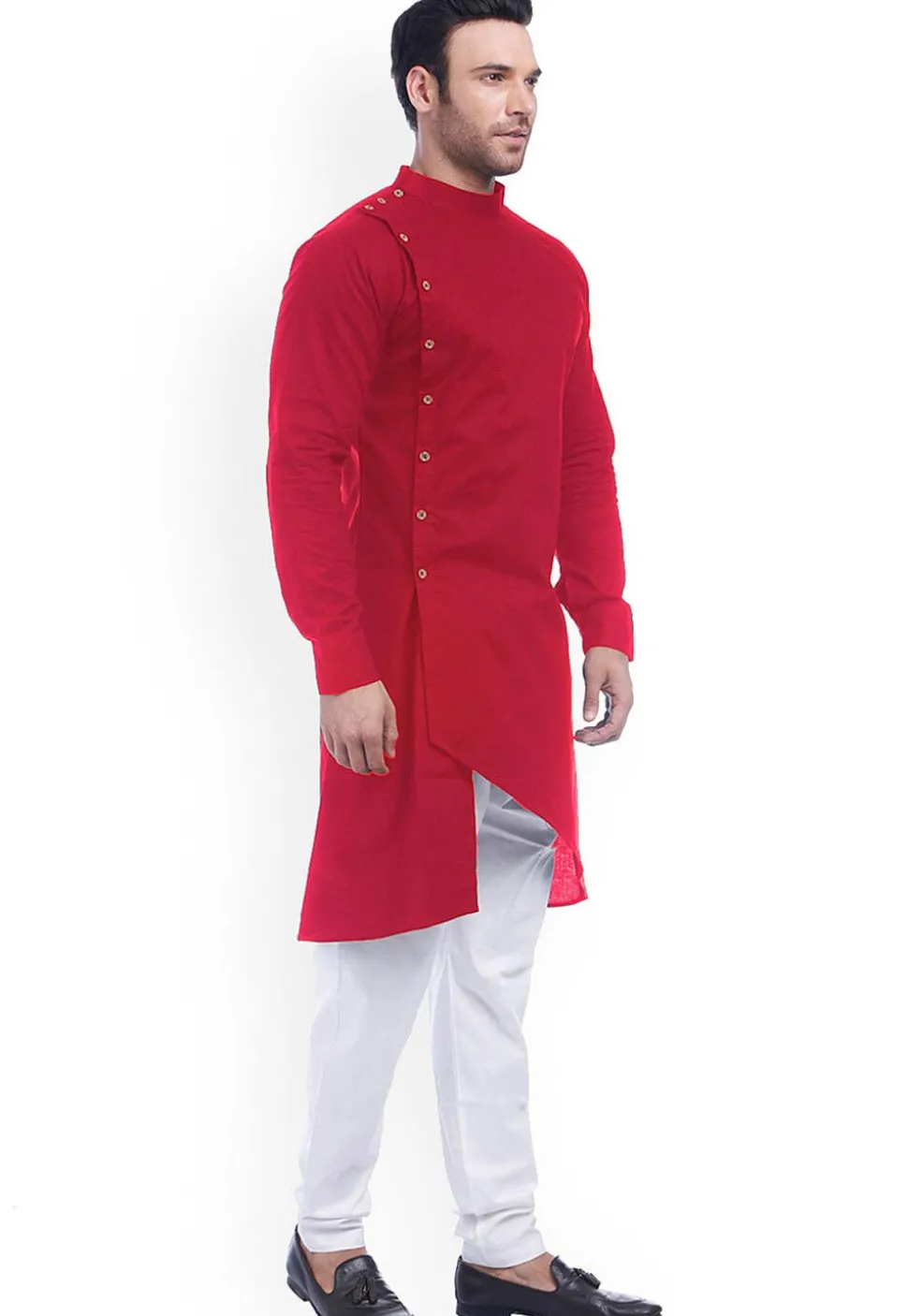 Solid Color Cotton Asymmetric Kurta in Red