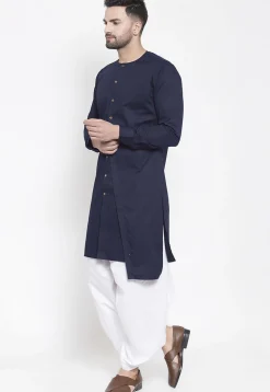 Solid Color Cotton Asymmetric Dhoti Kurta in Navy Blue
