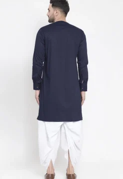 Solid Color Cotton Asymmetric Dhoti Kurta in Navy Blue