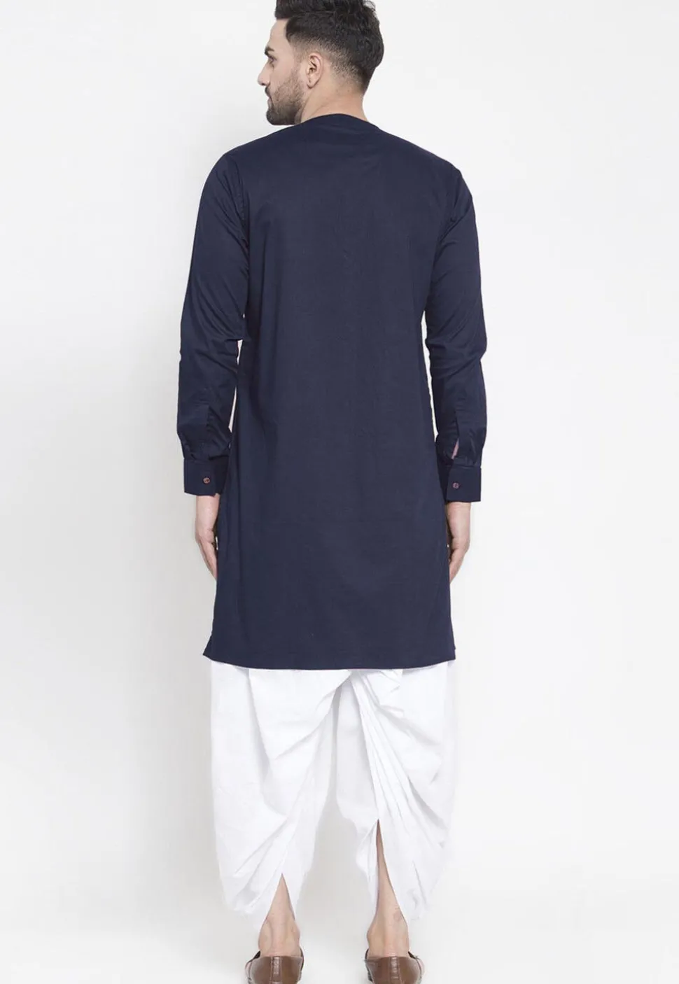 Solid Color Cotton Asymmetric Dhoti Kurta in Navy Blue