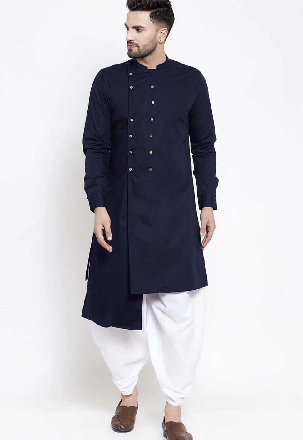 Solid Color Cotton Asymmetric Dhoti Kurta in Navy Blue