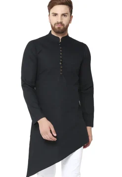 Solid Color Cotton Asymmetric Kurta in Black