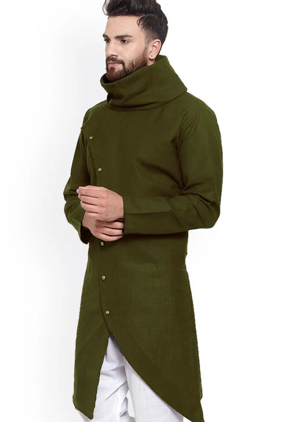 Solid Color Cotton Asymmetric Kurta in Dark Olive Green