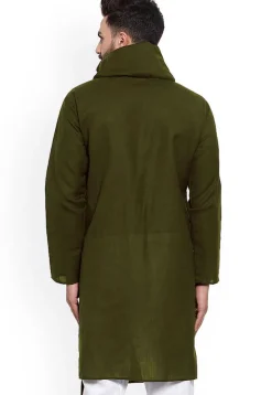 Solid Color Cotton Asymmetric Kurta in Dark Olive Green