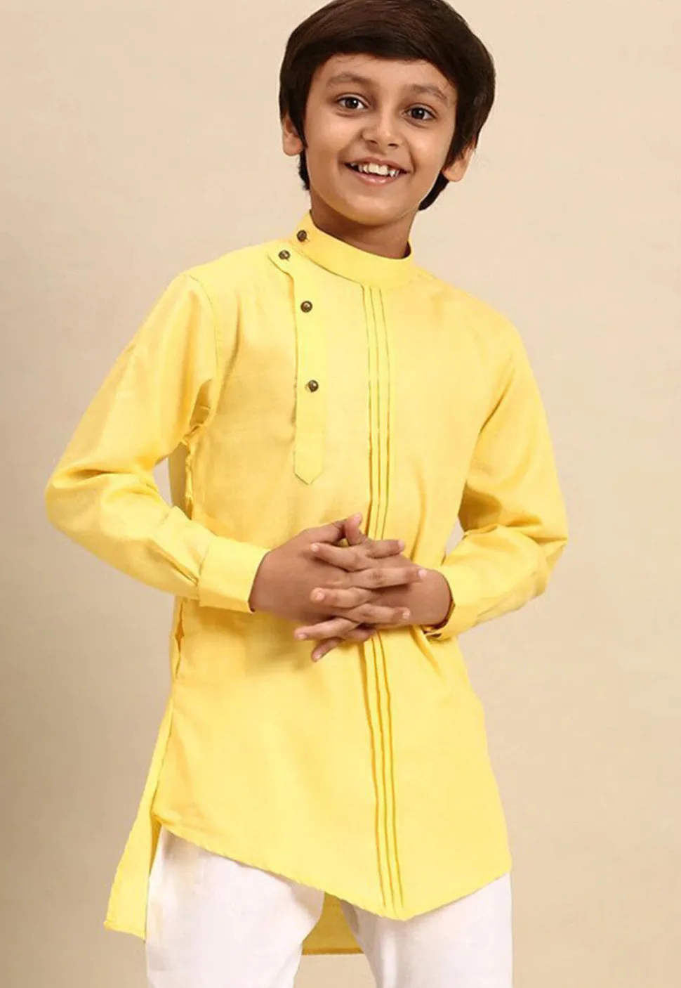 Solid Color Cotton Asymmetric Short Kurta in Yellow
