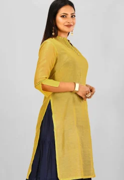 Solid Color Cotton Chanderi Straight Kurta in Mustard
