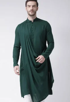 Solid Color Cotton Cowl Style Kurta in Dark Green