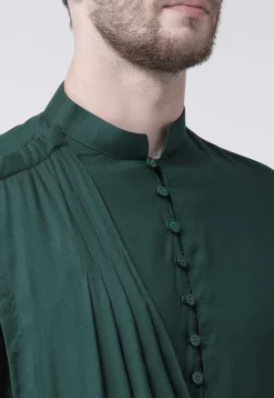 Solid Color Cotton Cowl Style Kurta in Dark Green
