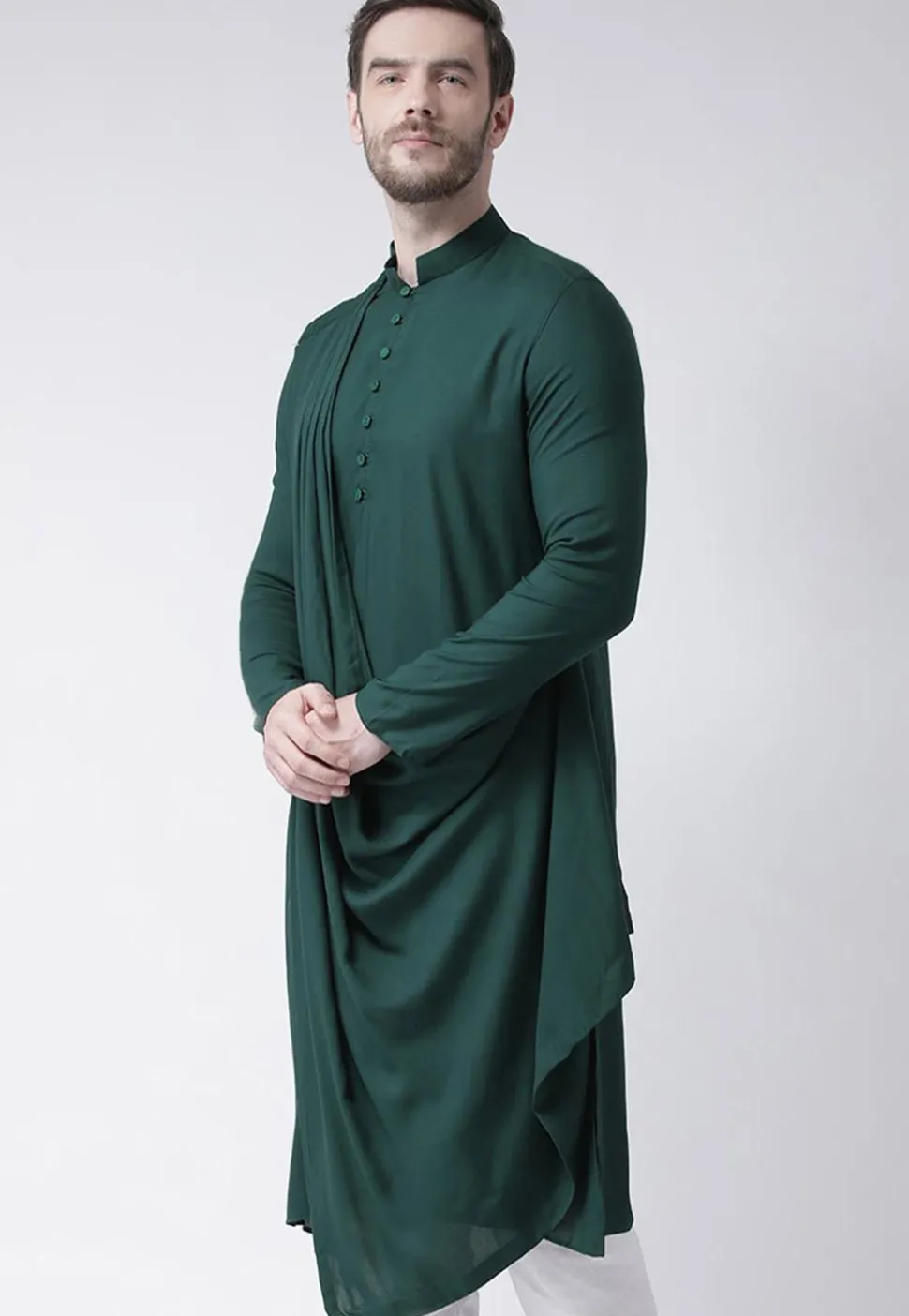 Solid Color Cotton Cowl Style Kurta in Dark Green
