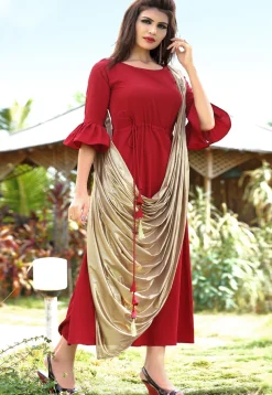 Solid Color Cotton Cowl Style Dress in Red and Golden