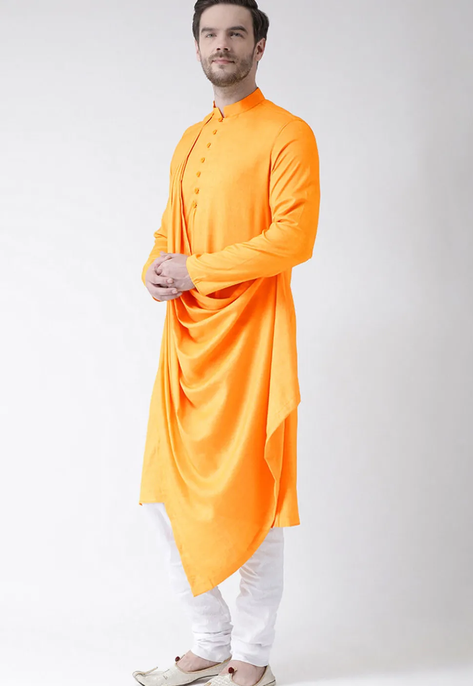 Solid Color Cotton Cowl Style Kurta Set in Yellow