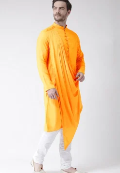 Solid Color Cotton Cowl Style Kurta Set in Yellow