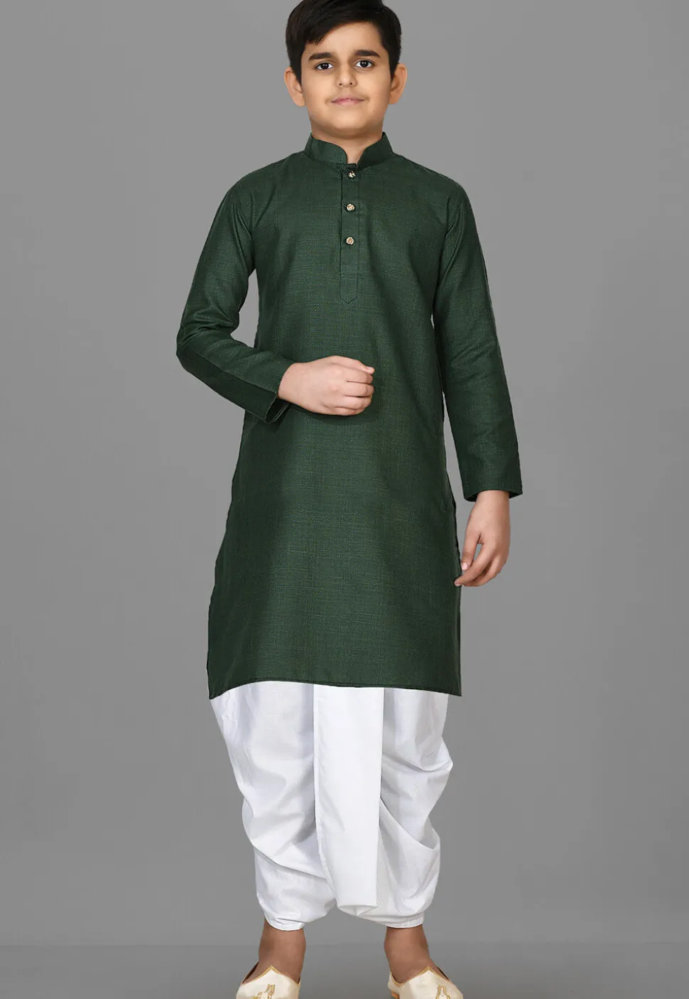 Solid Color Cotton Dhoti Kurta in Dark Green
