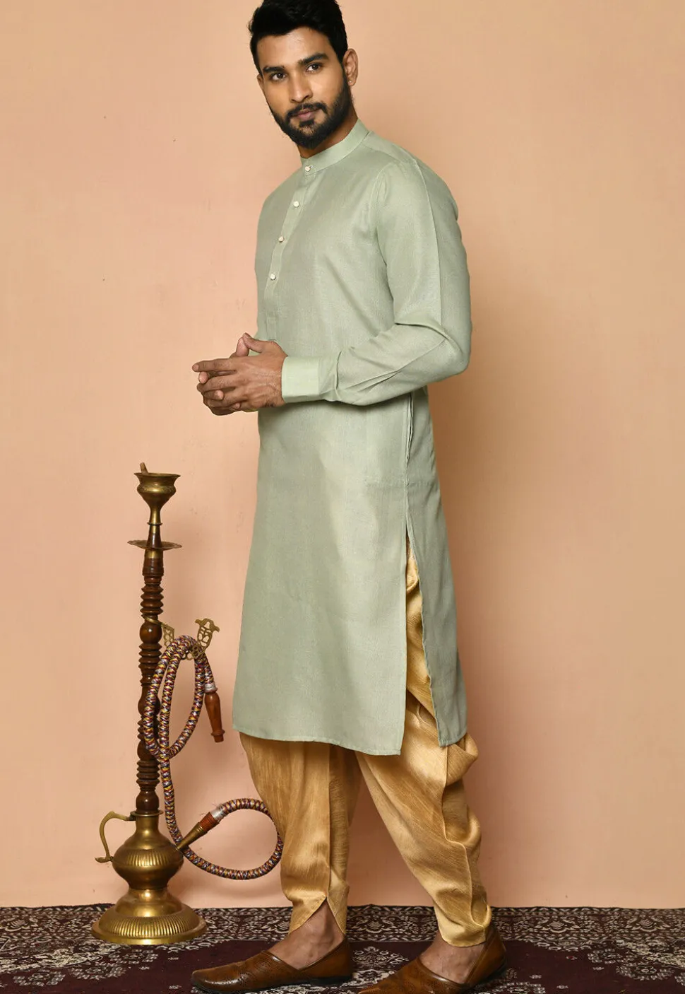 Solid Color Cotton Dhoti Kurta in Pastel Green