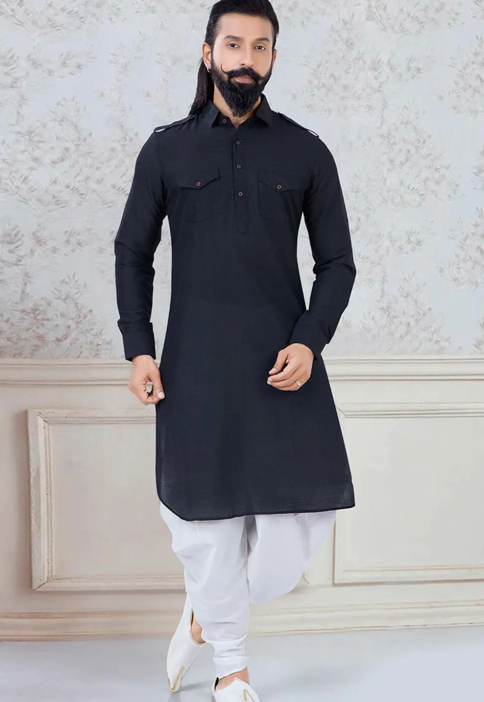 Solid Color Cotton Dhoti Kurta in Black