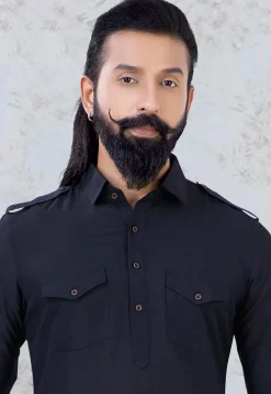 Solid Color Cotton Dhoti Kurta in Black