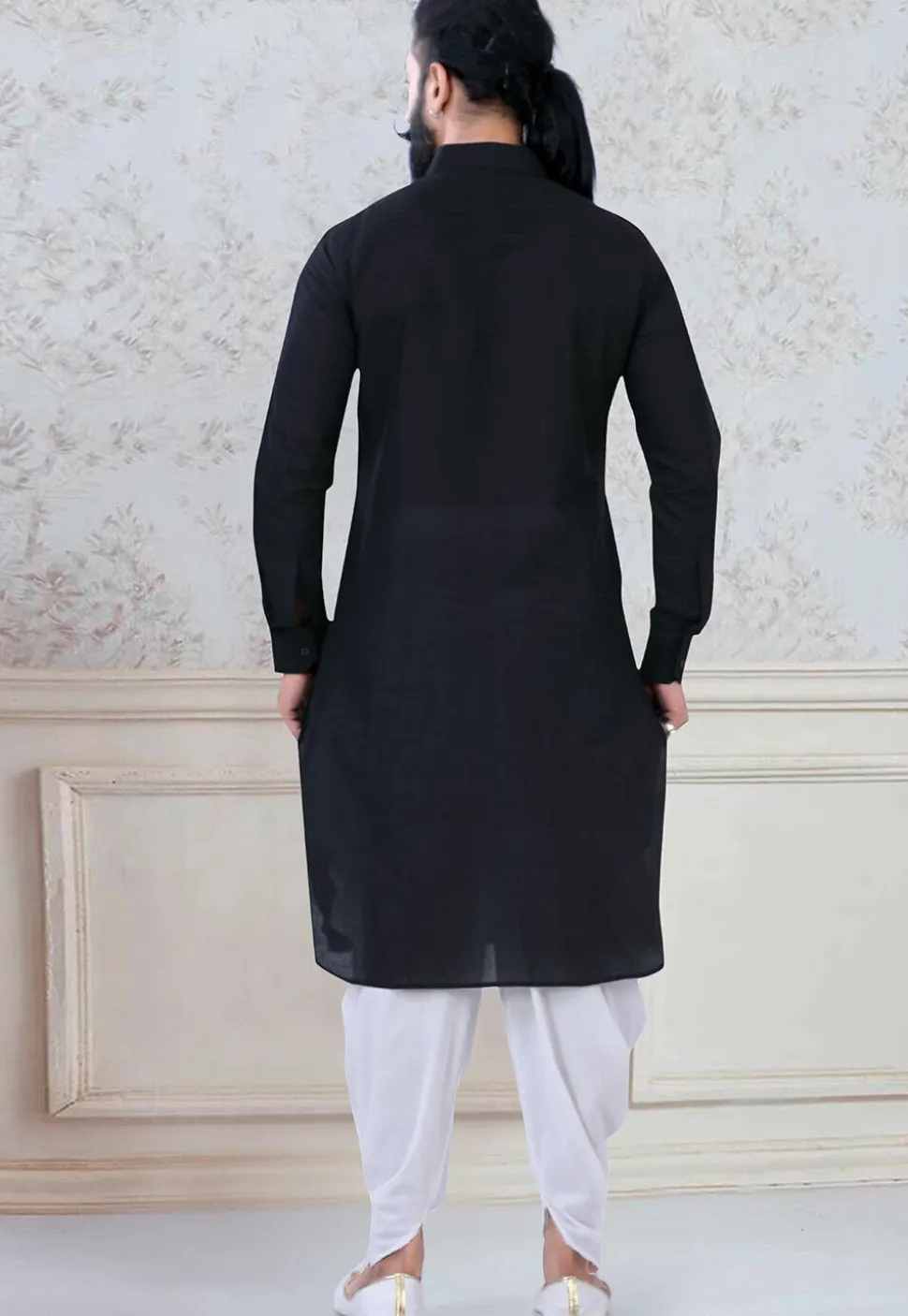 Solid Color Cotton Dhoti Kurta in Black