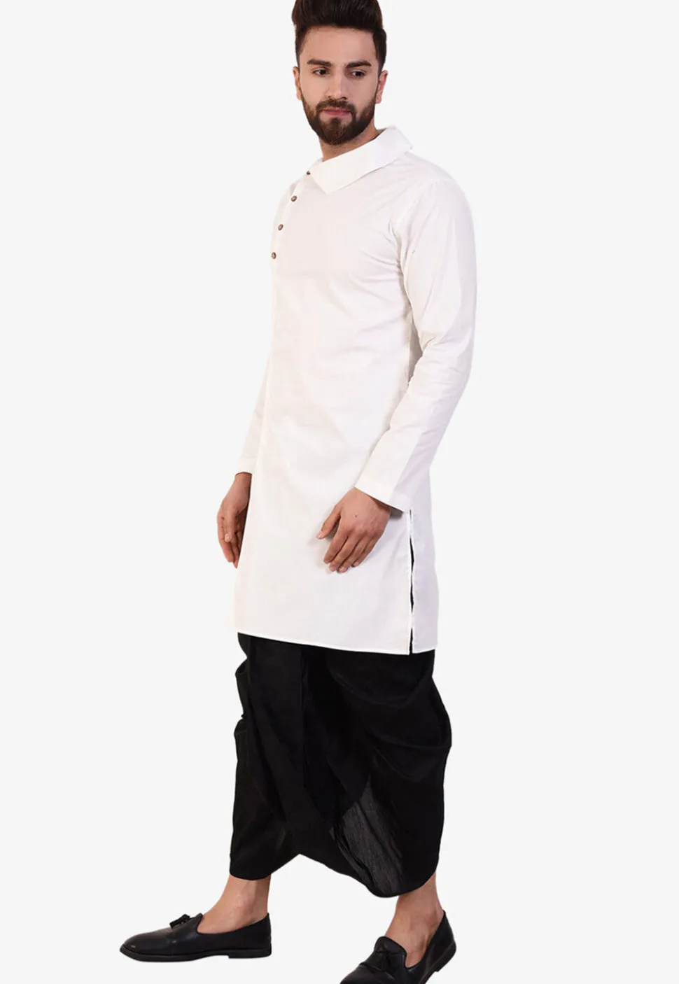 Solid Color Cotton Dhoti Kurta in Off White