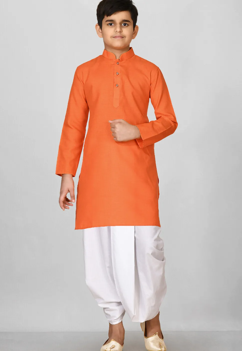 Solid Color Cotton Dhoti Kurta in Orange