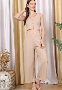 Solid Color Cotton Flex Co Ord Set in Light Beige