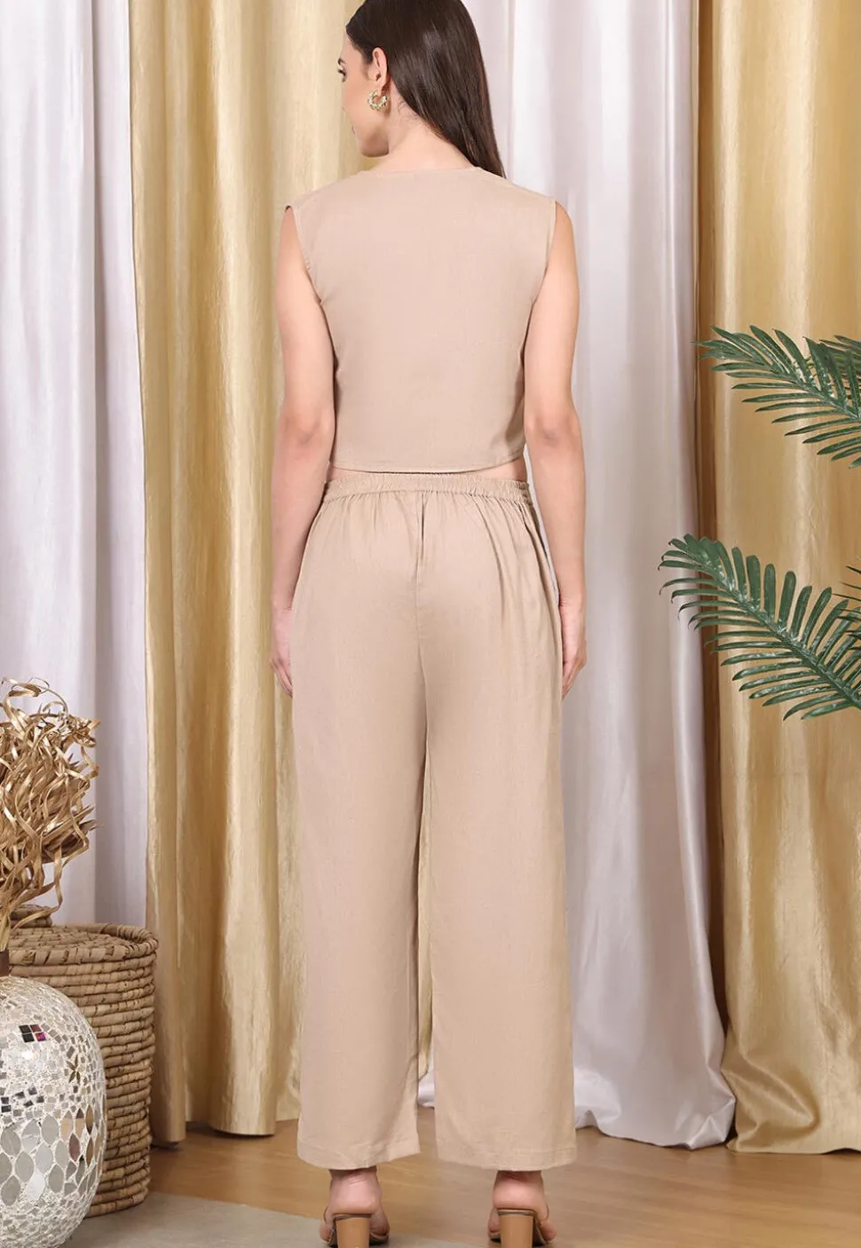 Solid Color Cotton Flex Co Ord Set in Light Beige