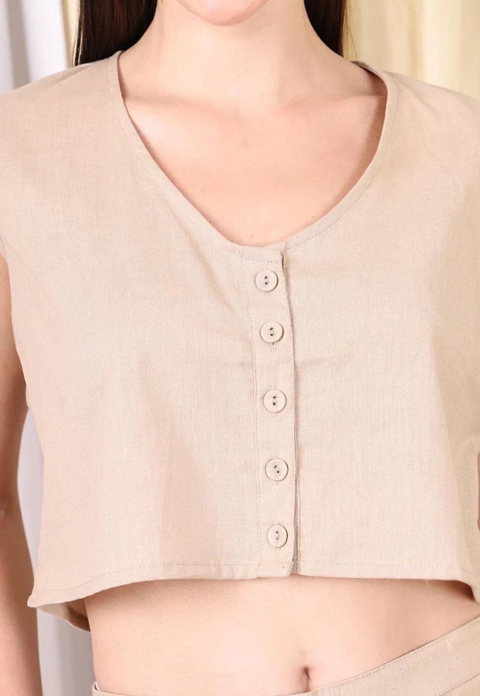 Solid Color Cotton Flex Co Ord Set in Light Beige