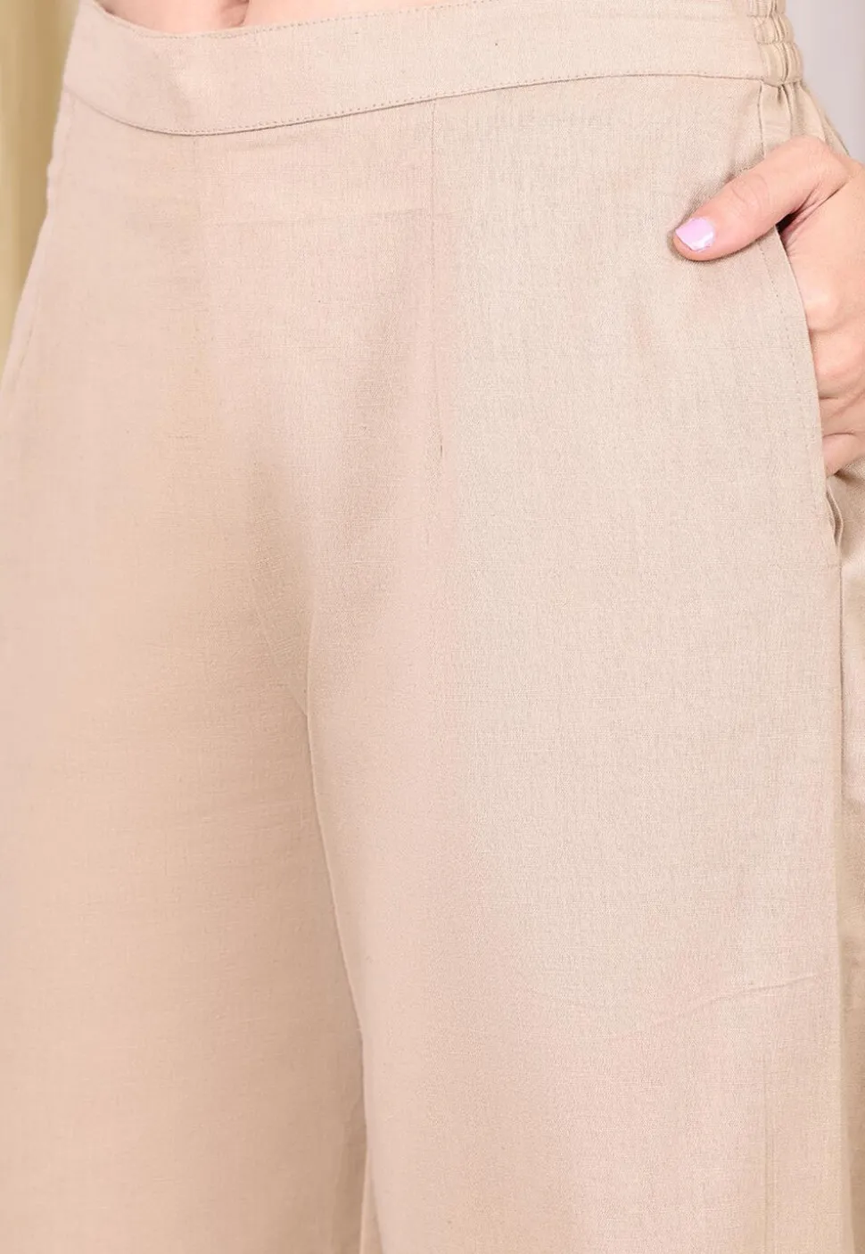 Solid Color Cotton Flex Co Ord Set in Light Beige