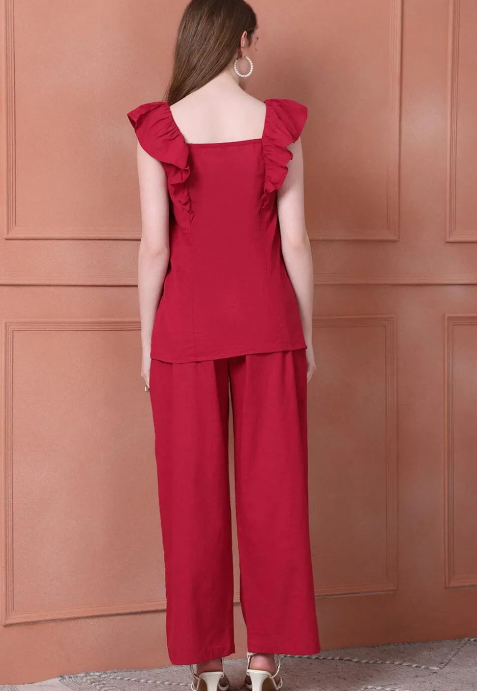 Solid Color Cotton Flex Co Ord Set in Maroon