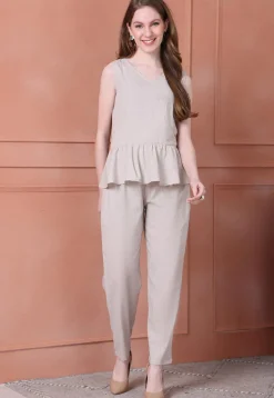 Solid Color Cotton Flex Co Ord Set in Light Beige